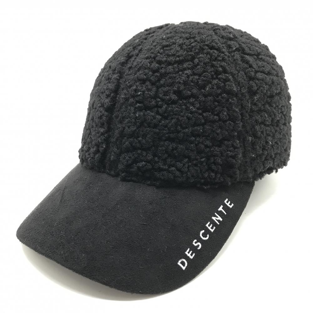 【超美品】デサントゴルフ ボアキャップ 黒 つばロゴ刺しゅう白 中田英寿 F(55-57cm)   ゴルフウェア DESCENTE