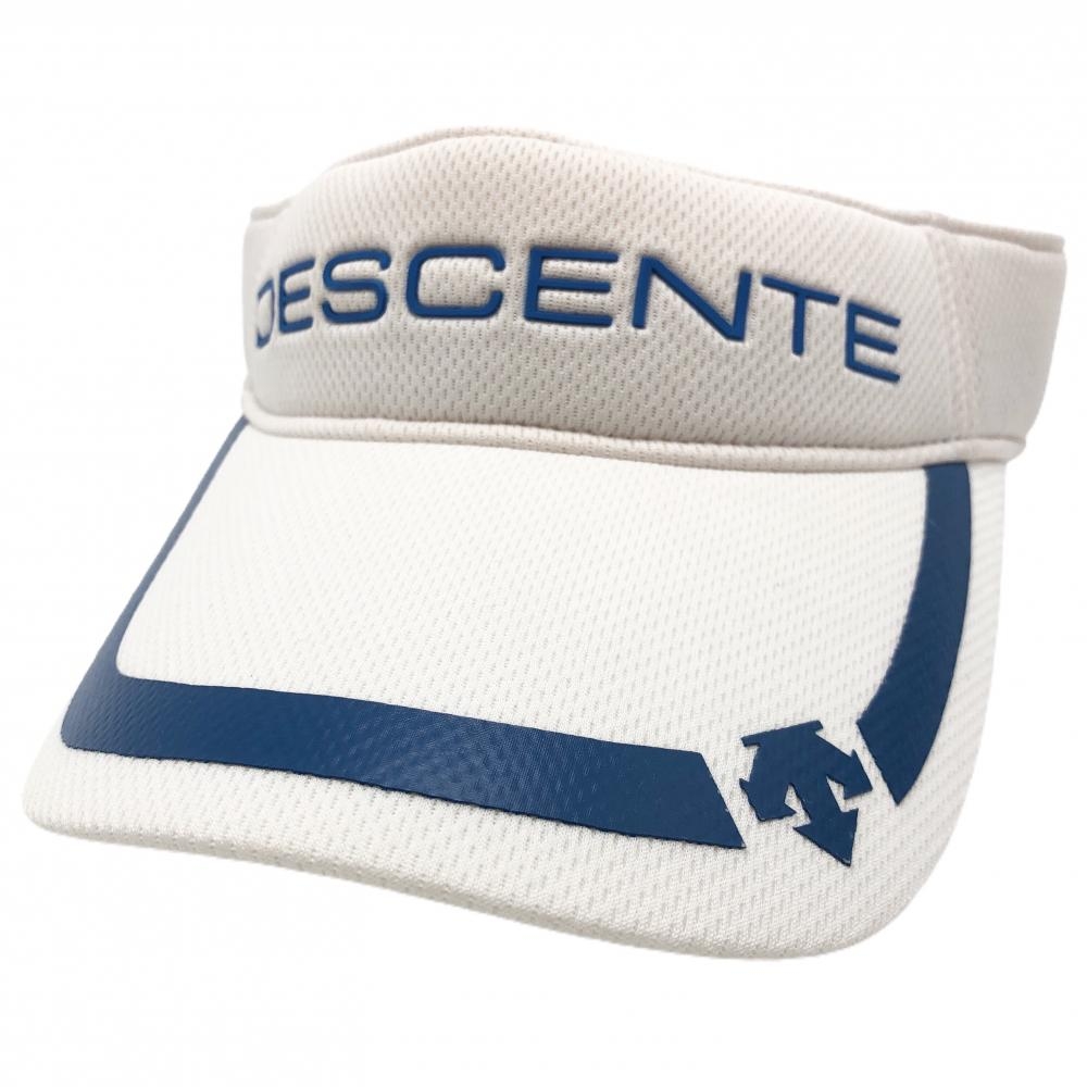 【超美品】デサントゴルフ サンバイザー 白×ブルー フロントロゴ つばライン 中田英寿 F(55cm-57cm)  ゴルフウェア DESCENTE