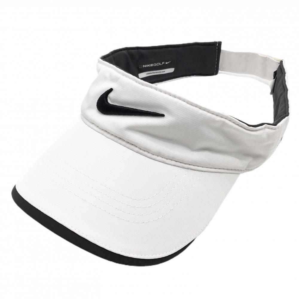 【美品】ナイキゴルフ サンバイザー 白×黒 立体ロゴ刺しゅう 品質タグ切り   ゴルフウェア NIKE