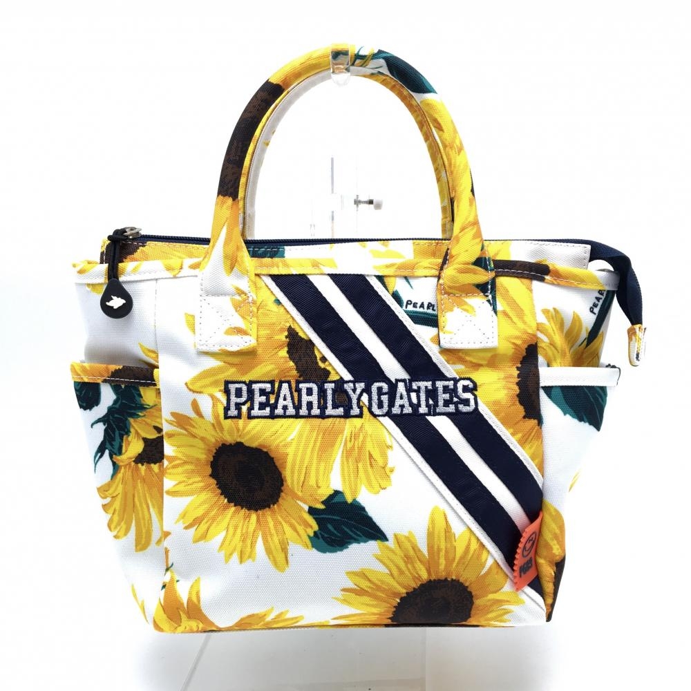 【超美品】パーリーゲイツ カートバッグ 白×イエロー ひまわり柄 内外ポケット ゴルフ PEARLY GATES
