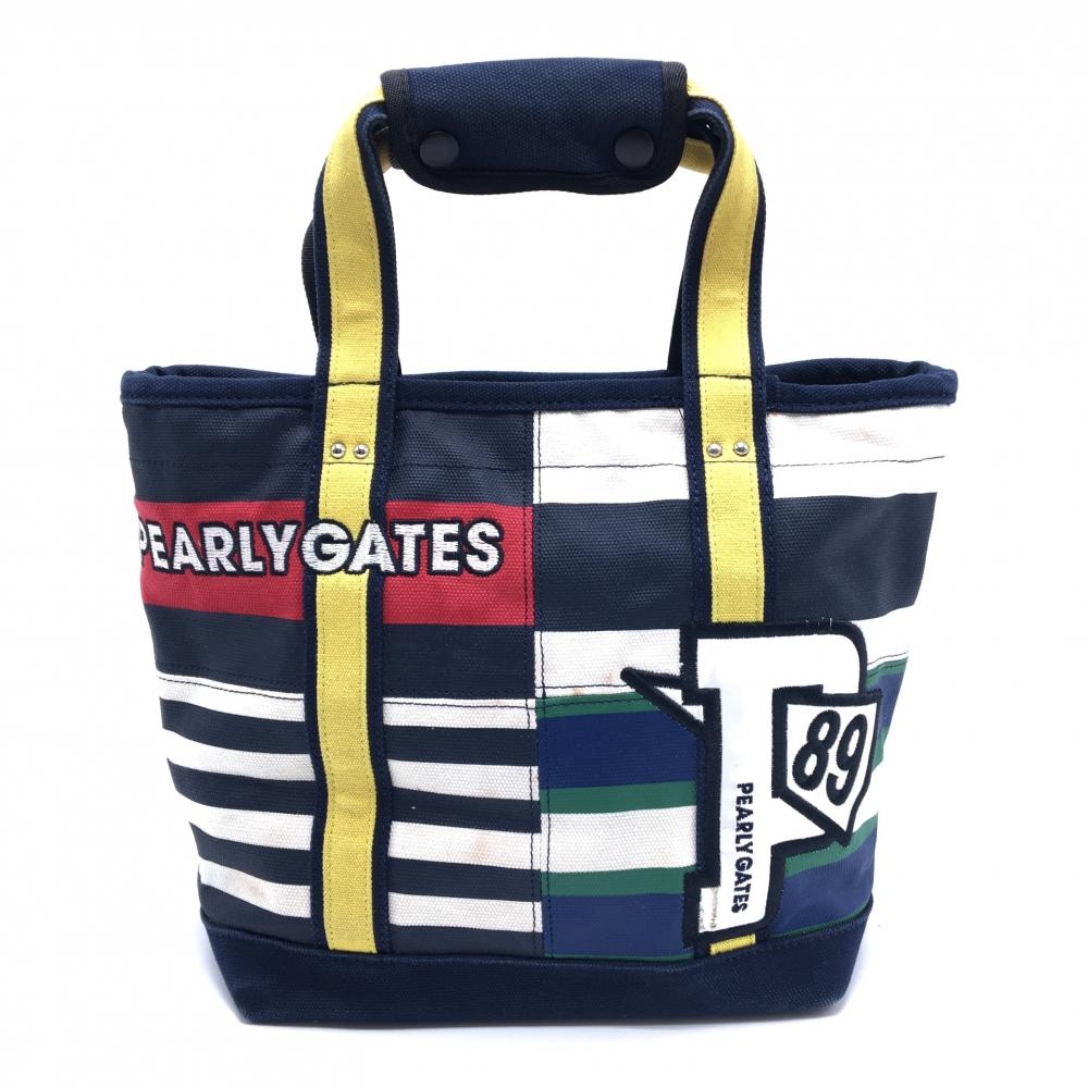 パーリーゲイツ カートバッグ ダークネイビー×白 ランダムボーダー 裏地ニコちゃん スマイル 内ポケット付 ゴルフ PEARLY GATES