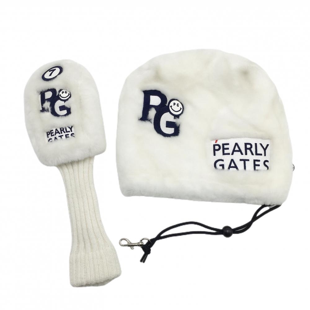 【超美品】パーリーゲイツ ヘッドカバー2点セット(アイアンカバー FW) 白×ネイビー ボア ニコちゃん スマイルゴルフ PEARLY GATES