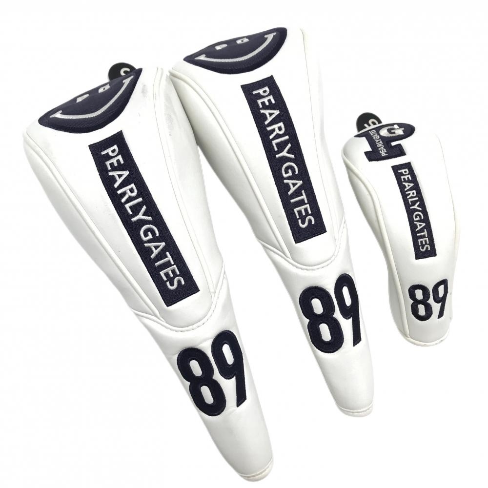 パーリーゲイツ ヘッドカバー3点セット(FW×2 UT) 白×ネイビー ロゴ ニコちゃん スマイル ゴルフ PEARLY GATES