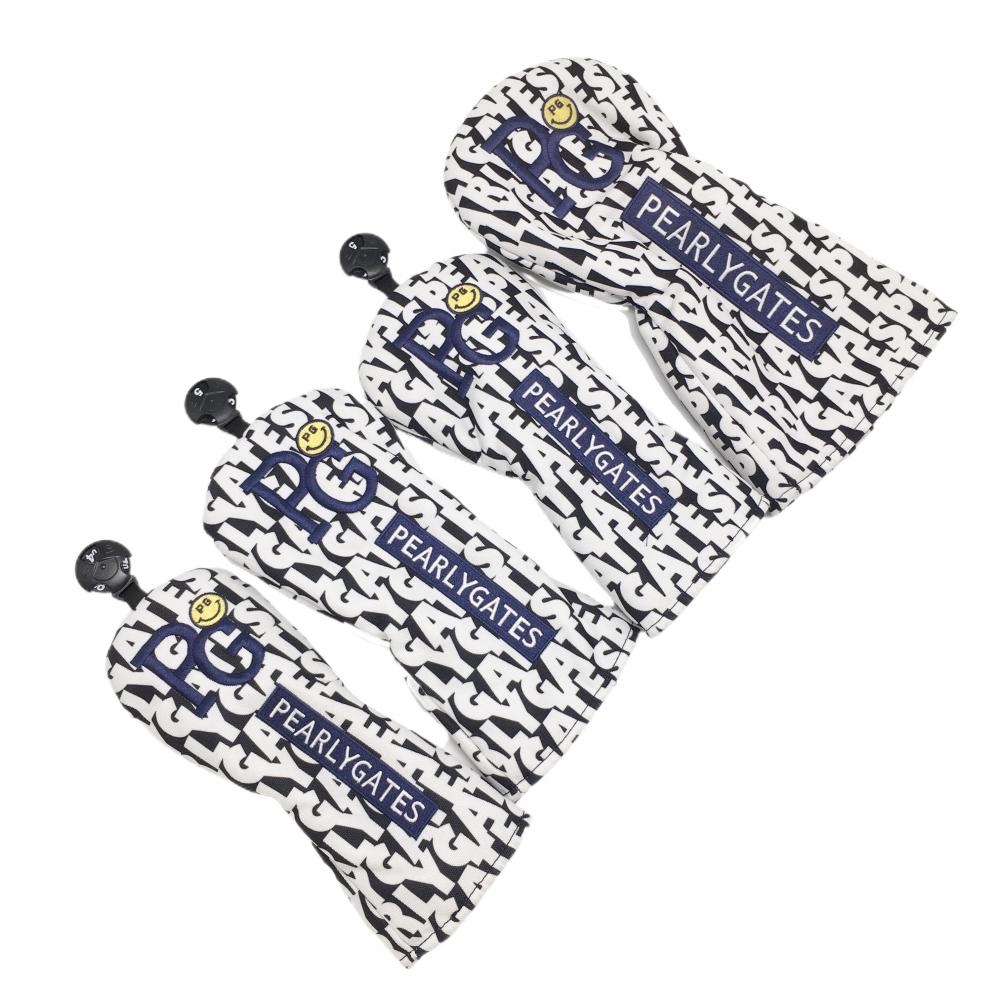 【美品】パーリーゲイツ ヘッドカバー4点セット(DR FW×2 UT) 白×黒 総柄 ニコちゃん スマイル ゴルフ PEARLY GATES