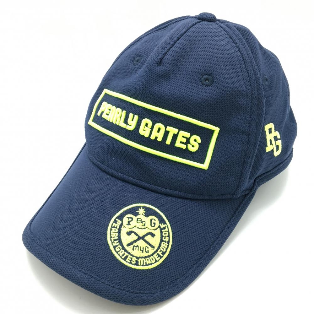 【超美品】パーリーゲイツ キャップ ネイビー×蛍光イエロー 立体ロゴ  ゴルフウェア PEARLY GATES