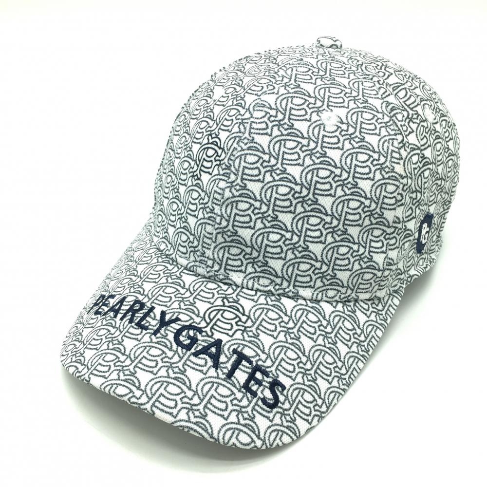 【超美品】パーリーゲイツ キャップ 白×グレー系×ネイビー 総柄 ロゴ刺しゅう FR   ゴルフウェア PEARLY GATES