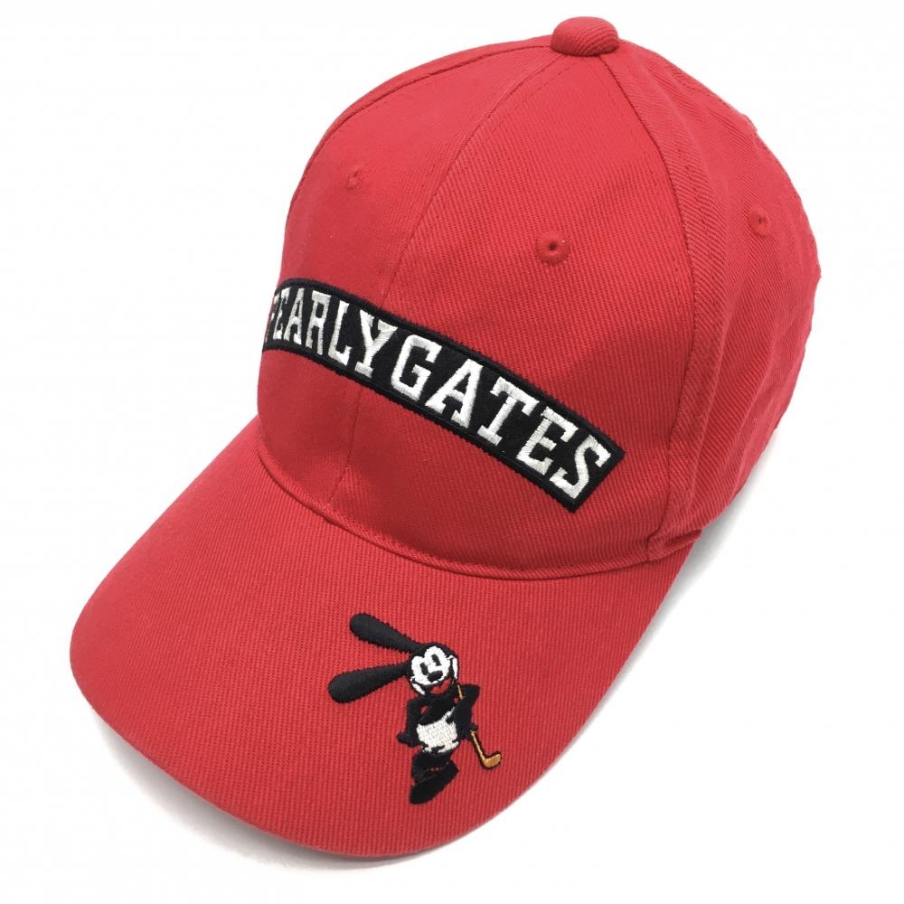 【美品】パーリーゲイツ×ディズニー キャップ レッド×黒 ロゴ OSWALD FR   ゴルフウェア PEARLY GATES