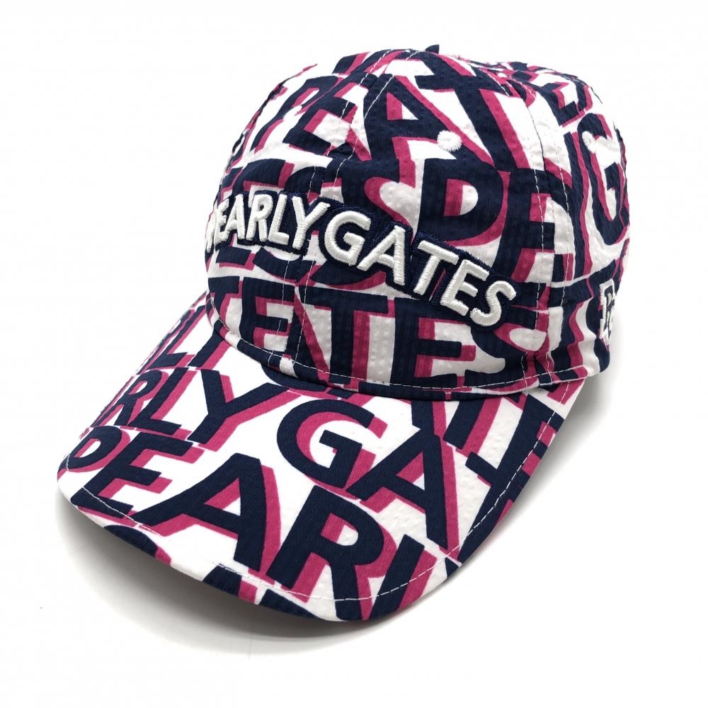 パーリーゲイツ キャップ 白×ネイビー×ピンク ロゴ総柄 FR   ゴルフウェア PEARLY GATES