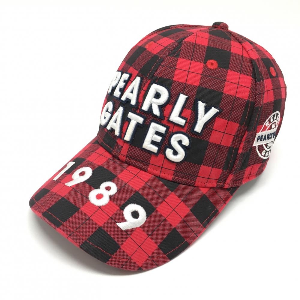 【超美品】パーリーゲイツ キャップ レッド×黒 チェック ロゴ刺しゅう FR   ゴルフウェア PEARLY GATES
