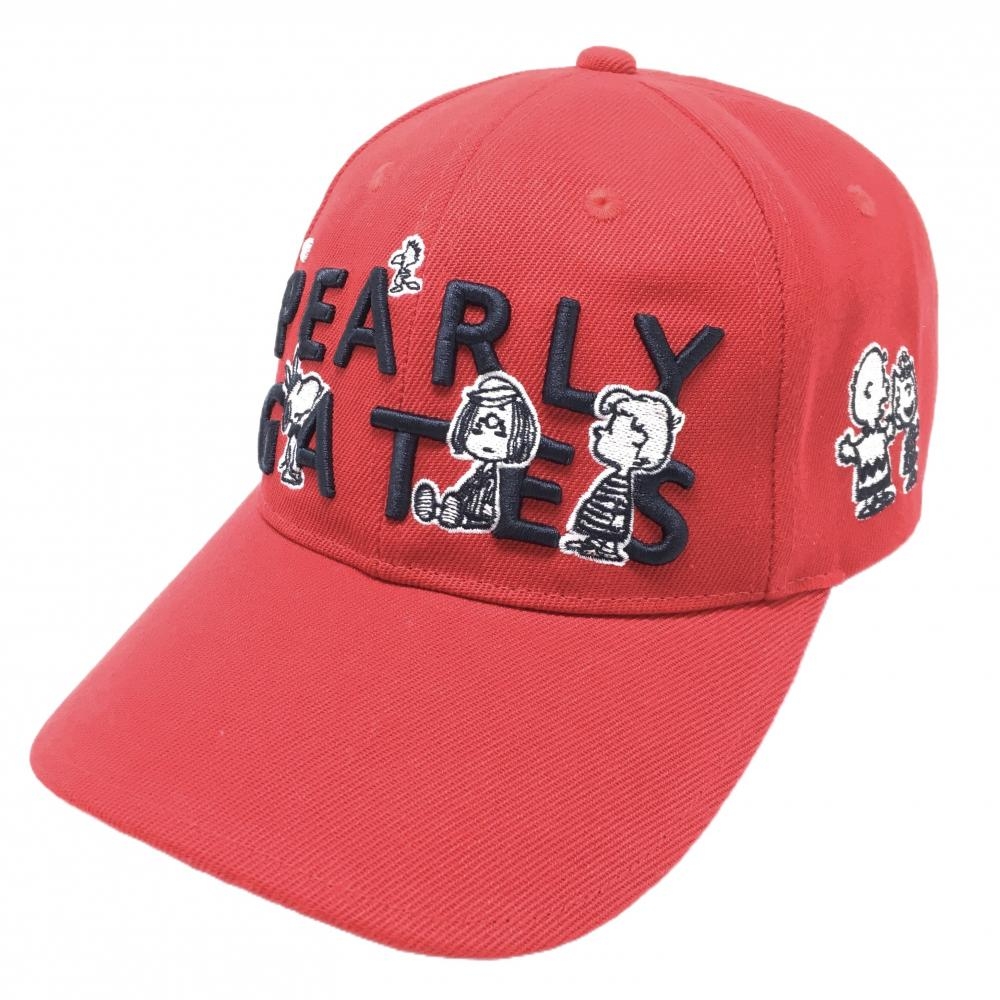 【超美品】パーリーゲイツ×PEANUTS キャップ レッド×黒 スヌーピー刺しゅう 汗取りパッド FR   ゴルフウェア PEARLY GATES