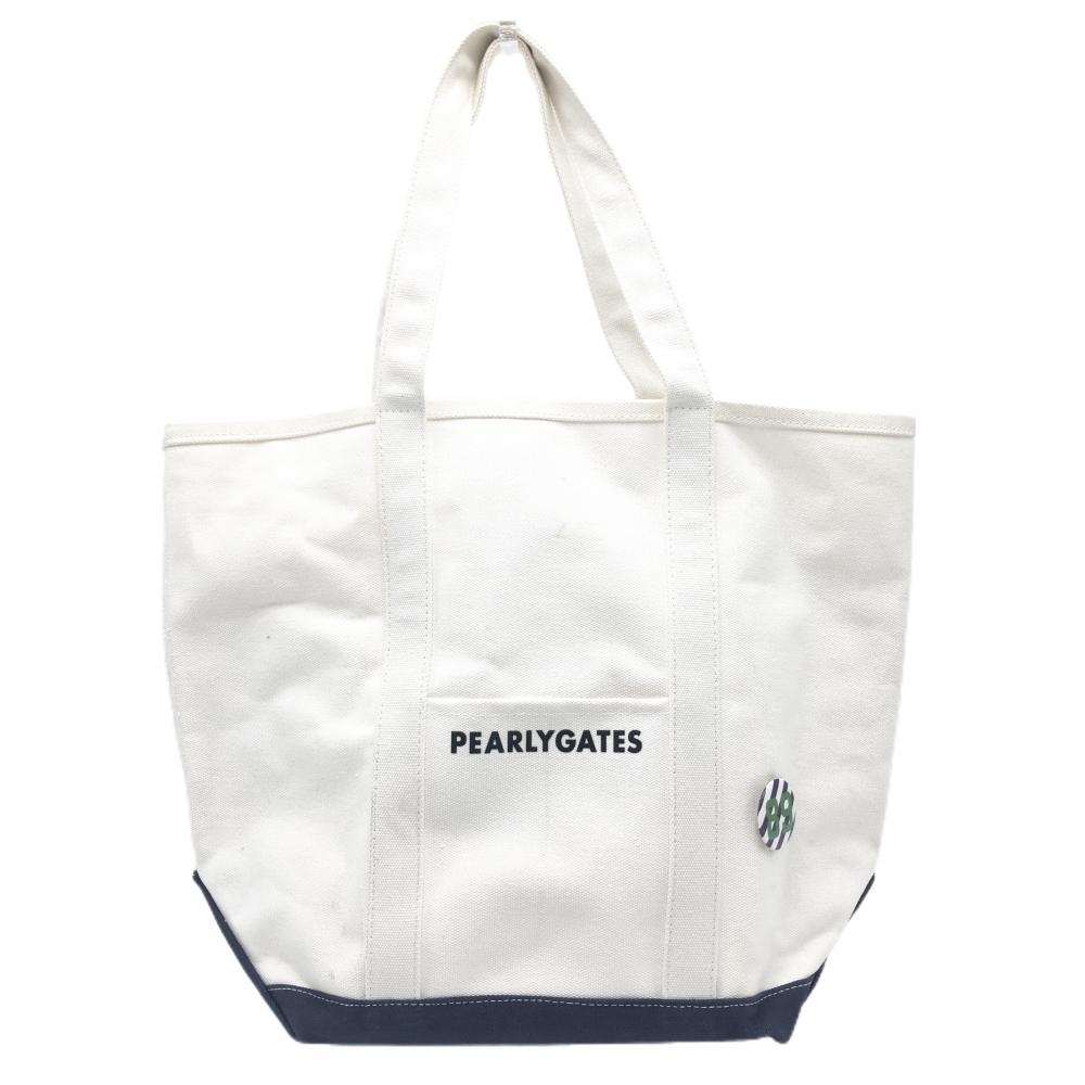パーリーゲイツ ビッグトートバッグ 白×ネイビー キャンバス地 外ポケット・缶バッチ付  ゴルフ PEARLY GATES