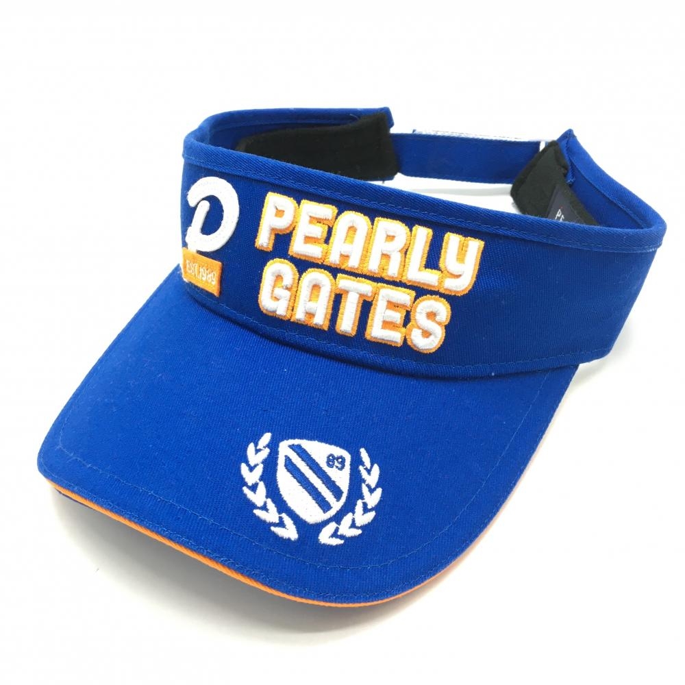 【超美品】パーリーゲイツ サンバイザー ブルー×白×オレンジ 立体ロゴ刺しゅう 汗取りパッド FR  ゴルフウェア PEARLY GATES