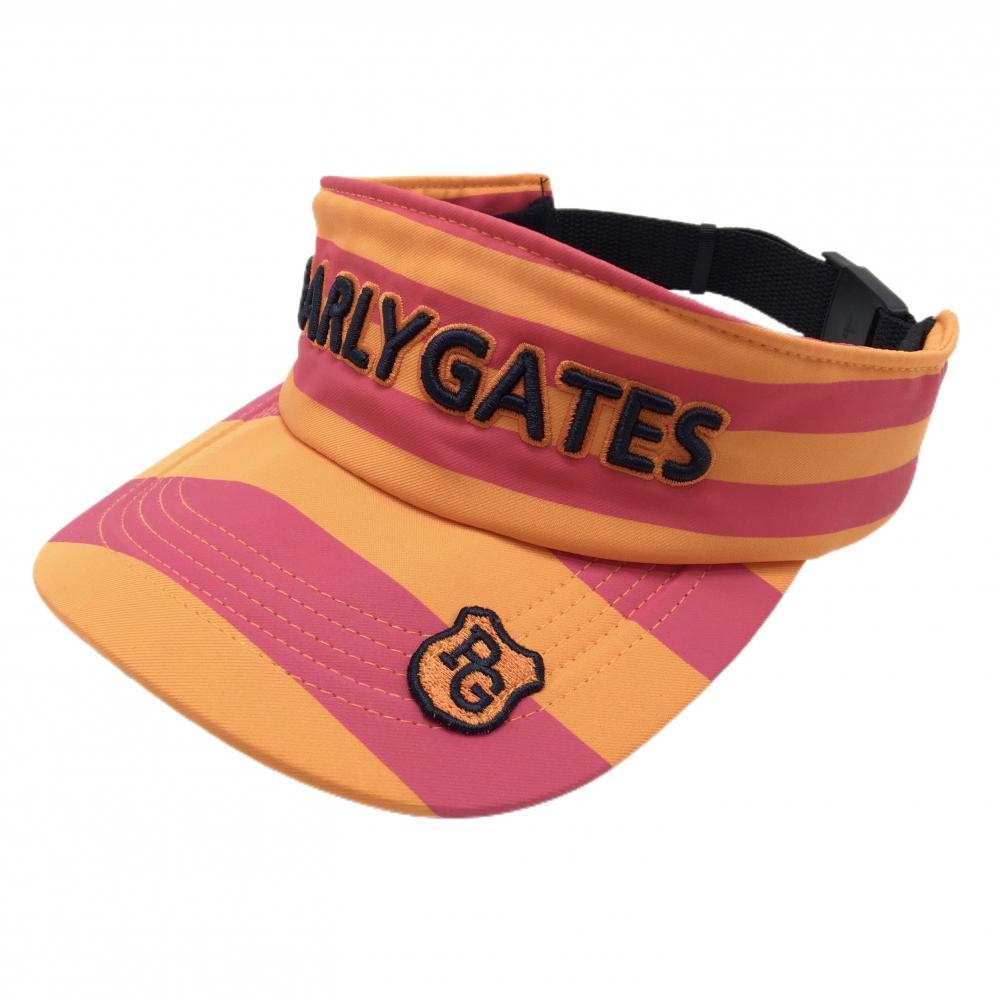 【美品】パーリーゲイツ サンバイザー オレンジ×ピンク ボーダー 立体ロゴ 汗取りパッド付  FR  ゴルフウェア PEARLY GATES