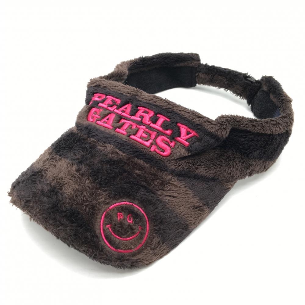 【美品】パーリーゲイツ サンバイザー ブラウン×ピンク ボア ニコちゃん スマイル S  ゴルフウェア PEARLY GATES