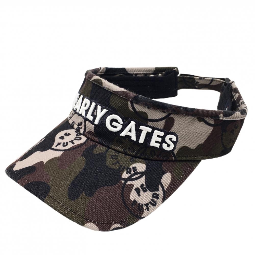 【美品】パーリーゲイツ サンバイザー カーキ×黒 迷彩 カモフラ PGFUTUREニコちゃん スマイル FR   ゴルフウェア PEARLY GATES