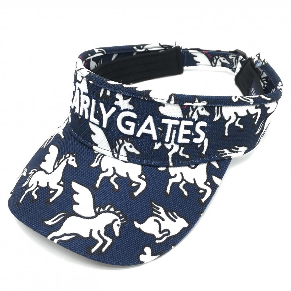 【超美品】パーリーゲイツ サンバイザー ネイビー×白 総柄　汗取りパッド付き ユニコーン  FR   ゴルフウェア PEARLY GATES