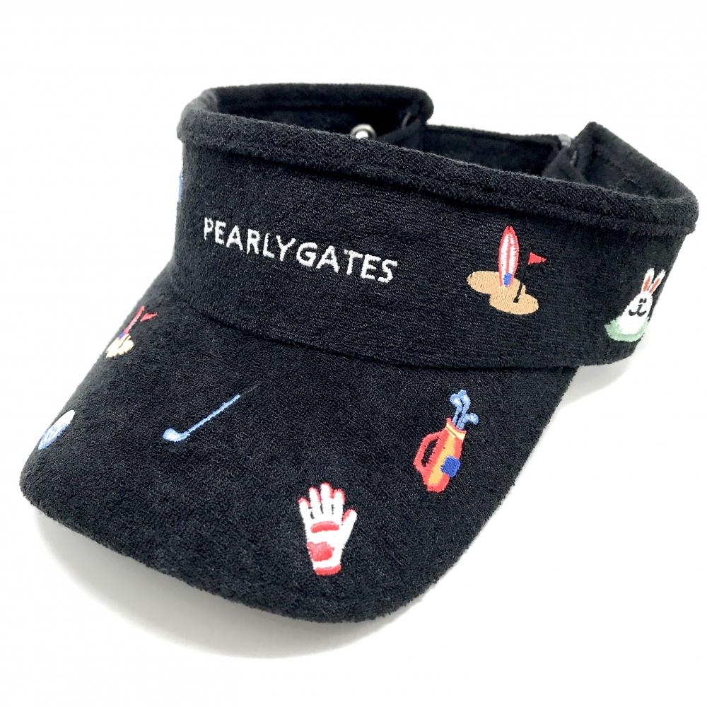 【新品】パーリーゲイツ サンバイザー 黒×マルチカラー 刺しゅう総柄 パイル地  FR   ゴルフウェア PEARLY GATES