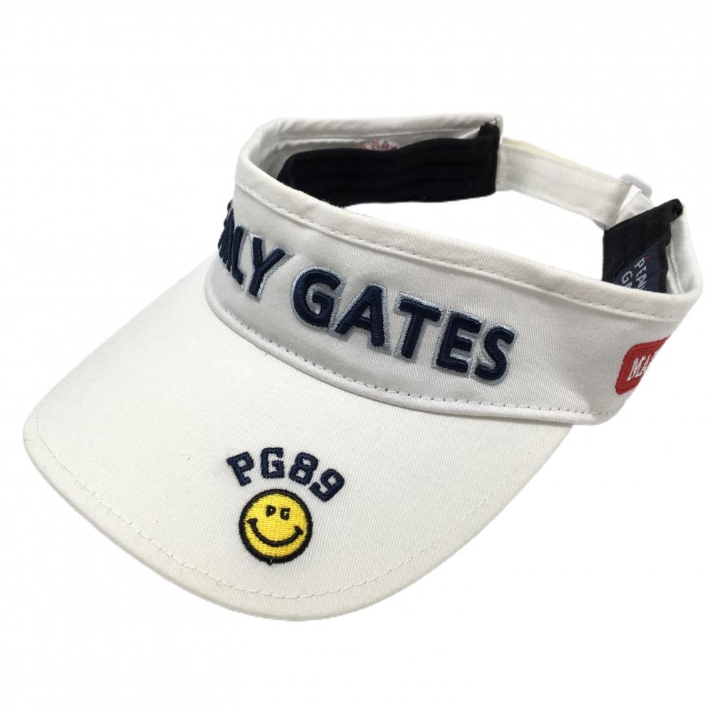 【美品】パーリーゲイツ サンバイザー 白×ネイビー フロント立体ロゴ ニコちゃん スマイル  FR   ゴルフウェア PEARLY GATES