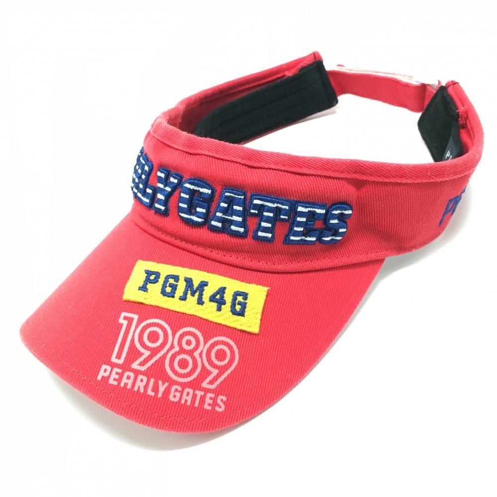 【美品】パーリーゲイツ サンバイザー レッド×ブルー 30周年 ボーダー立体ロゴ コットン100％ FR   ゴルフウェア PEARLY GATES