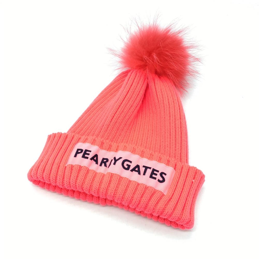 【超美品】PEARLY GATES パーリーゲイツ ニット帽 蛍光ピンク 2019年 ラクーンファーボンボン付 ロゴ FR ゴルフウェア