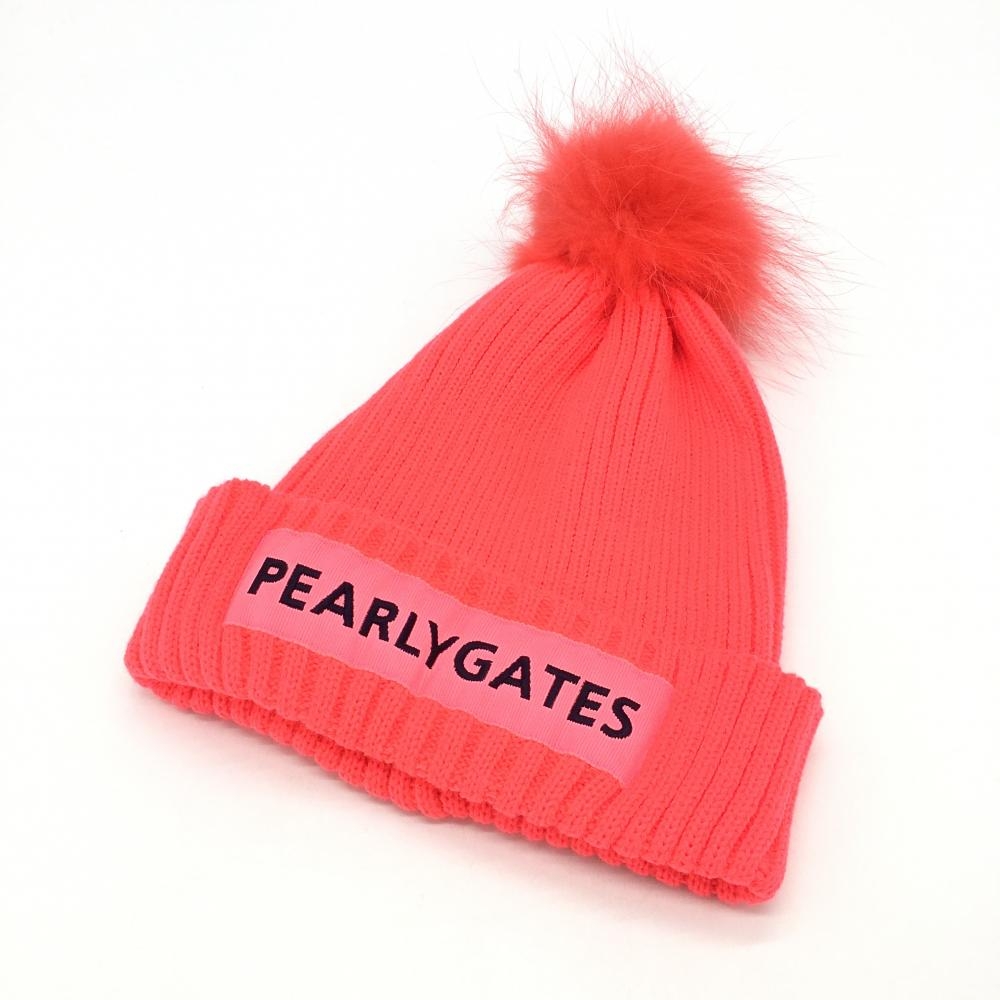 【超美品】PEARLY GATES パーリーゲイツ ニット帽 蛍光ピンク ラクーンファー FR ゴルフウェア