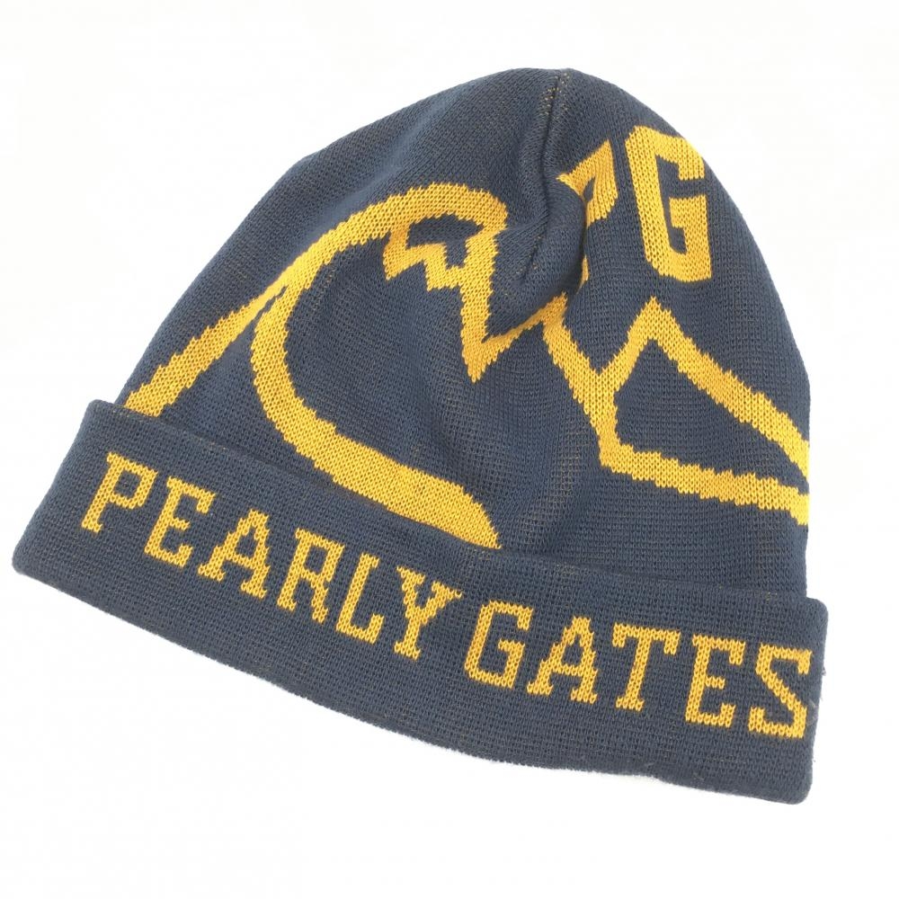 【超美品】パーリーゲイツ ニット帽 ネイビー×マスタード ウール混 FR ゴルフウェア PEARLY GATES