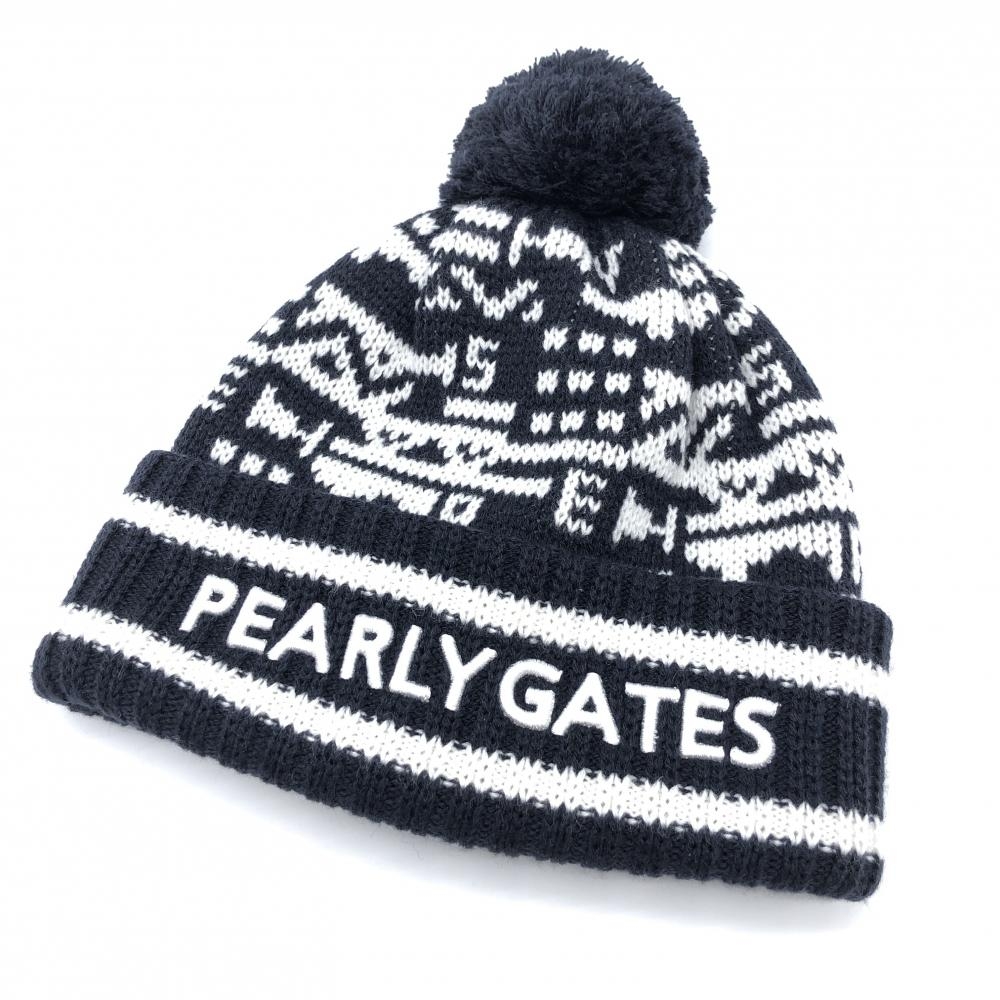 【新品】パーリーゲイツ ボンボン付きニット帽 ネイビー×白 総柄 立体ロゴ刺しゅう  FR ゴルフウェア 2022年モデル PEARLY GATES