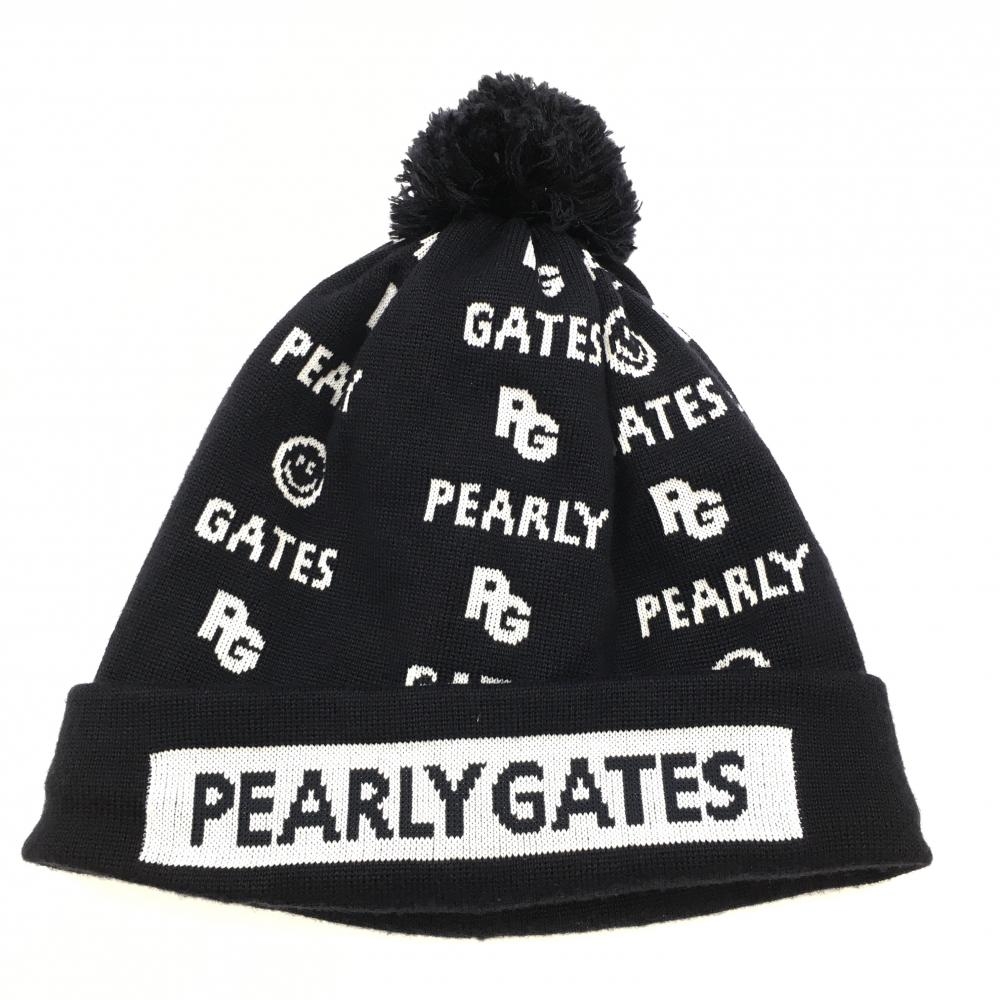 【超美品】パーリーゲイツ ニット帽　ネイビー ロゴ総柄白 裏起毛 ボンボン付き FR ゴルフウェア 2021年モデル PEARLY GATES