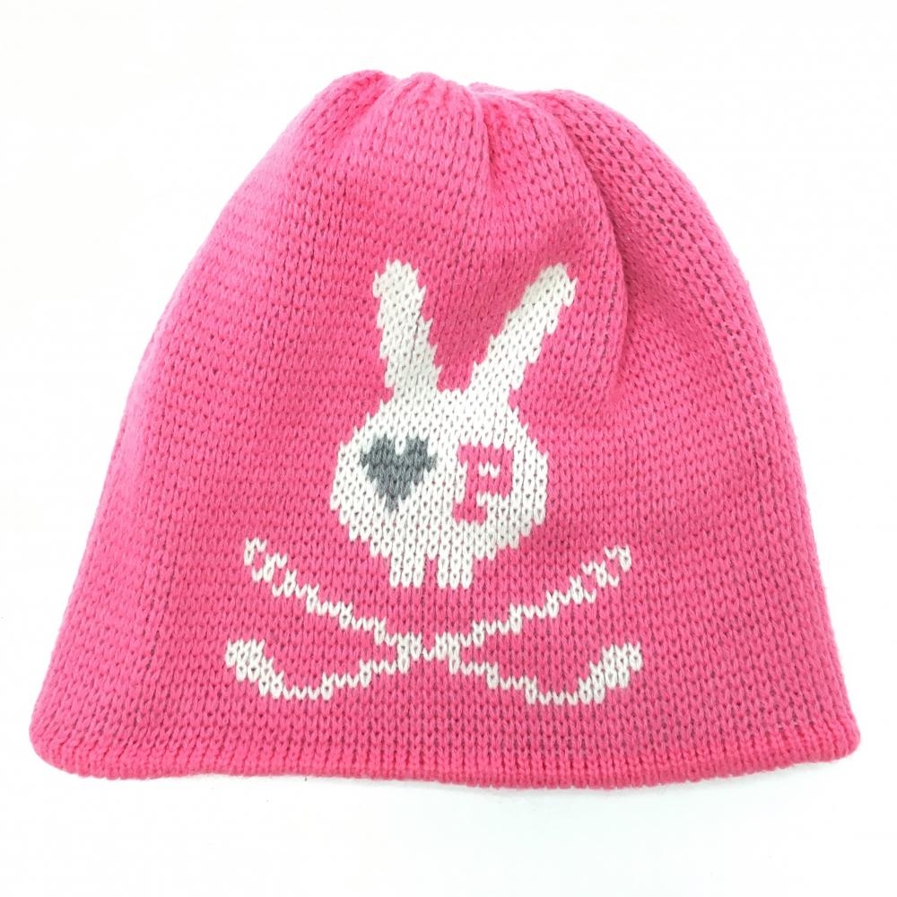 【美品】パーリーゲイツ ニット帽 ピンク×グレー ロゴ スカルラビット  ゴルフウェア PEARLY GATES