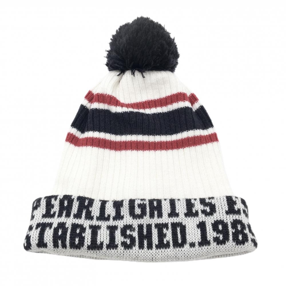 【美品】パーリーゲイツ ニット帽 白×ネイビー ボンボン付き FR  ゴルフウェア PEARLY GATES
