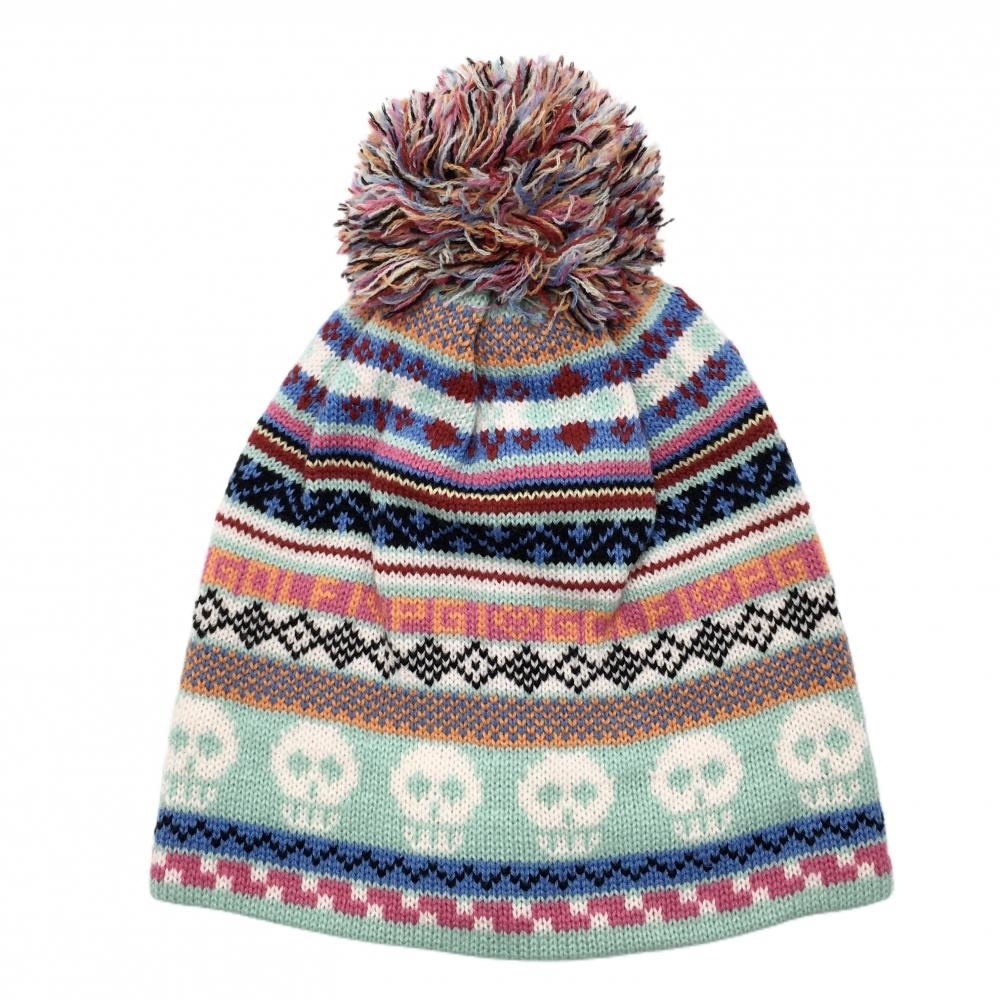【美品】パーリーゲイツ ニット帽 マルチカラー 総柄ボーダー ウール混 ポンポン付 FR  ゴルフウェア PEARLY GATES