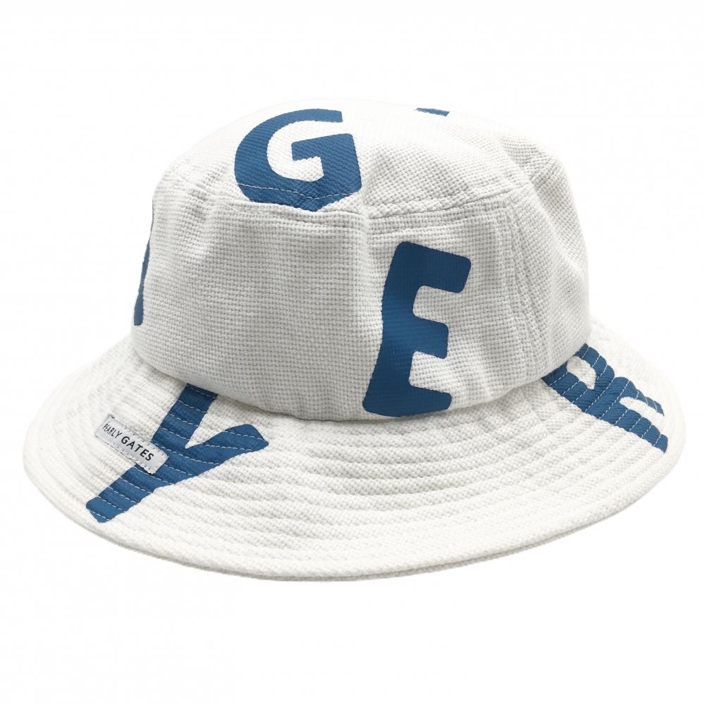 【超美品】パーリーゲイツ バケットハット 白×ブルー系 ロゴ総柄 コットン100％ FR  ゴルフウェア PEARLY GATES