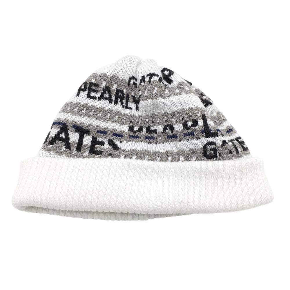 【美品】パーリーゲイツ ニット帽 白×グレー 総柄 ロゴ 額薄汚れ FR   ゴルフウェア PEARLY GATES