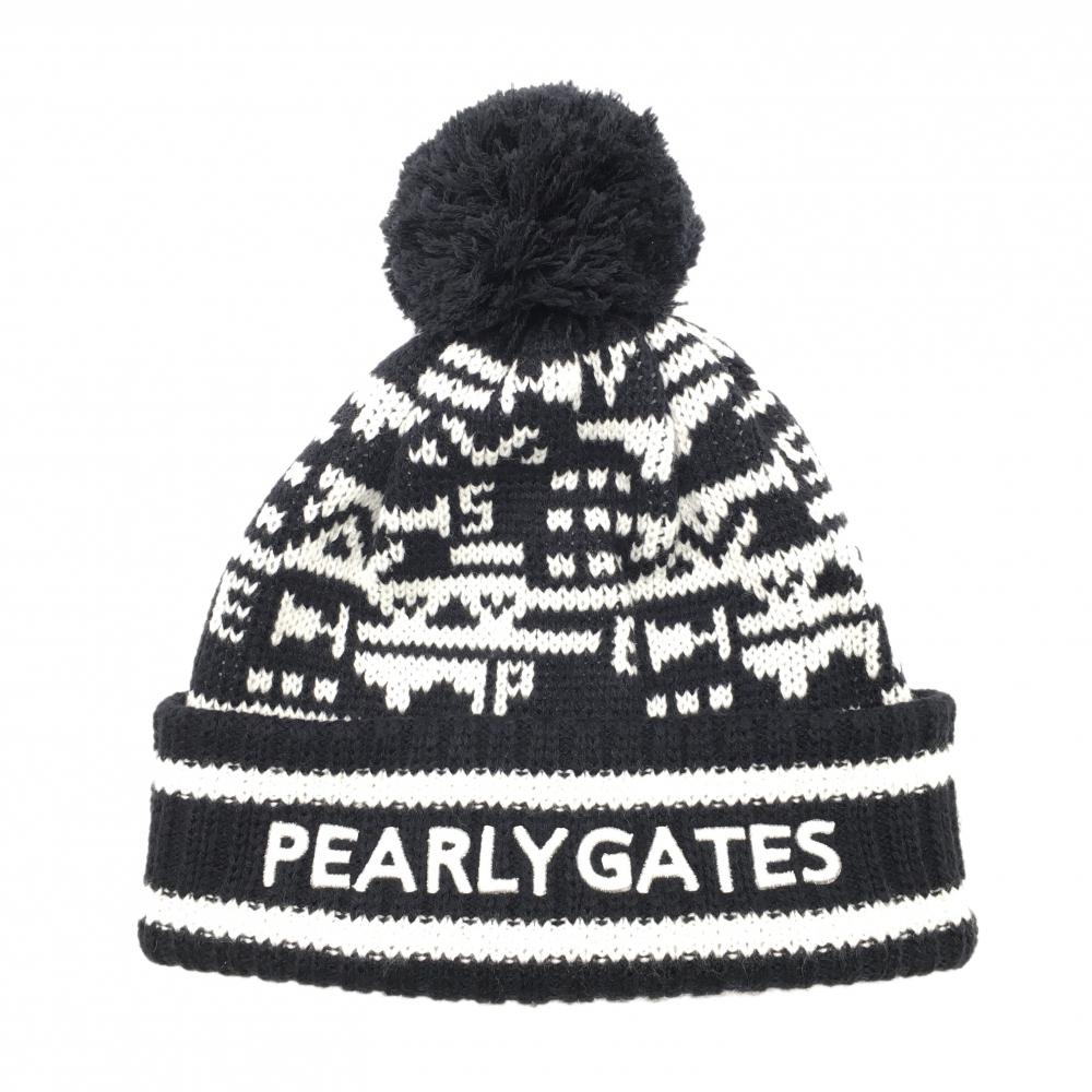 【美品】パーリーゲイツ ニット帽 ネイビー×白 総柄 ボンボン付  FR   ゴルフウェア PEARLY GATES