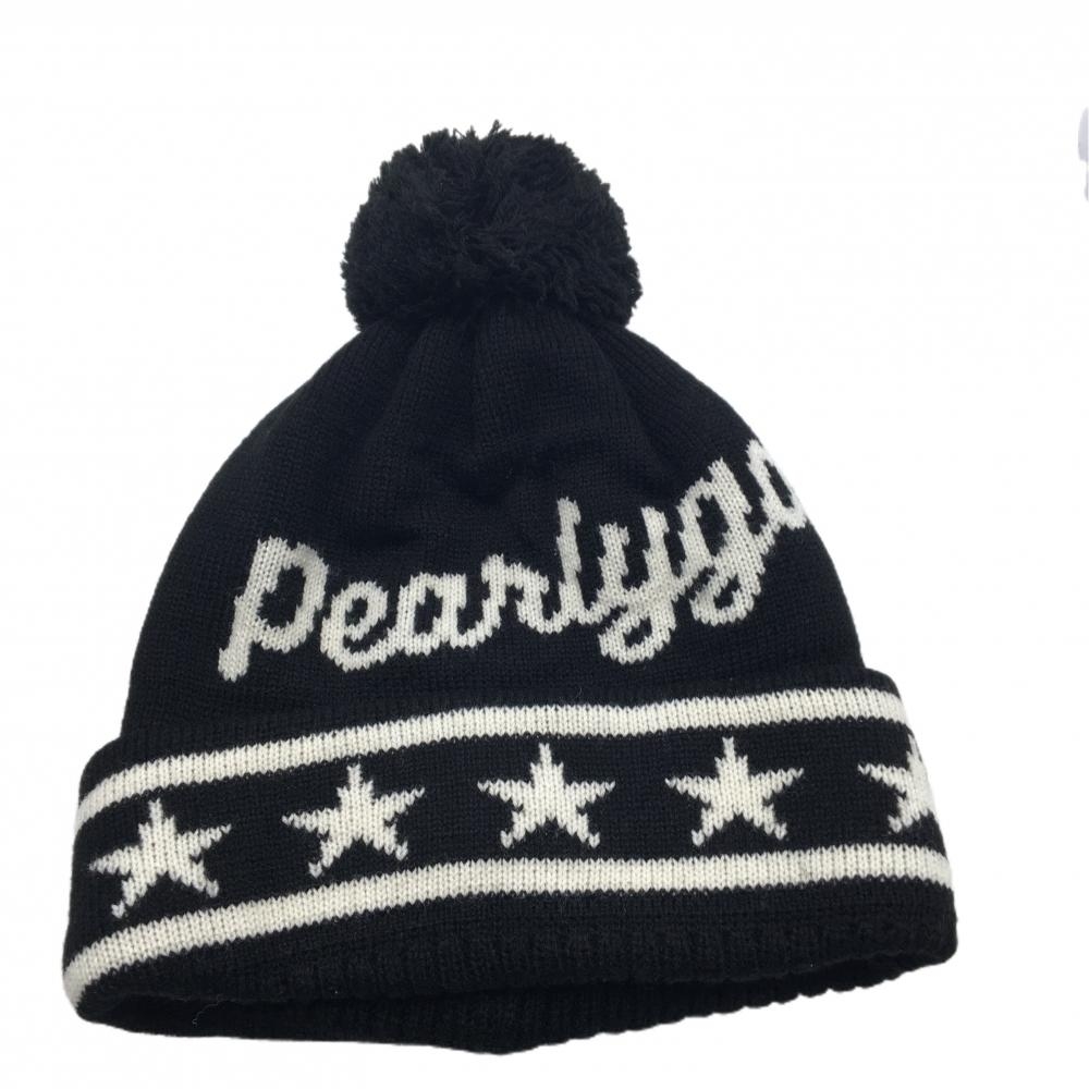 【超美品】パーリーゲイツ ニット帽 黒 ロゴ 星柄 ポンポン付 ウール混 FR   ゴルフウェア PEARLY GATES