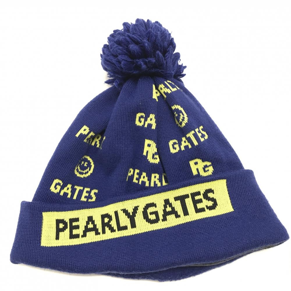 パーリーゲイツ ニット帽 ブルー×イエロー ロゴ総柄 ニコちゃん スマイル ウール混 ボンボン付 FR   ゴルフウェア PEARLY GATES