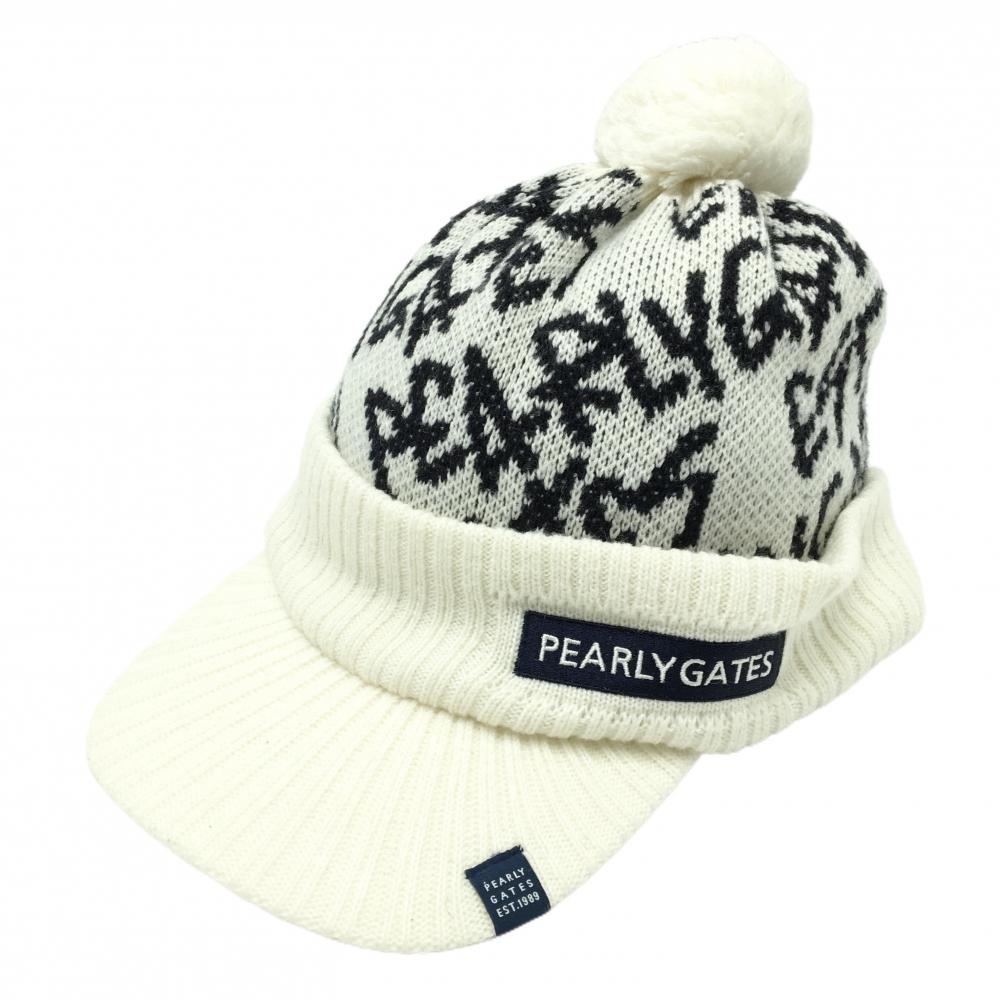 パーリーゲイツ つば付ニット帽 白×ダークネイビー ロゴ総柄 ウール混 ボンボン付 FR   ゴルフウェア PEARLY GATES