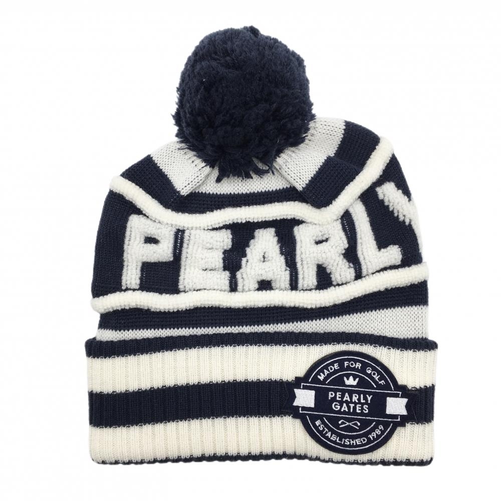 【新品】パーリーゲイツ ニット帽 ネイビー×白 ボーダー 日本製 ボンボン付 FR   ゴルフウェア PEARLY GATES