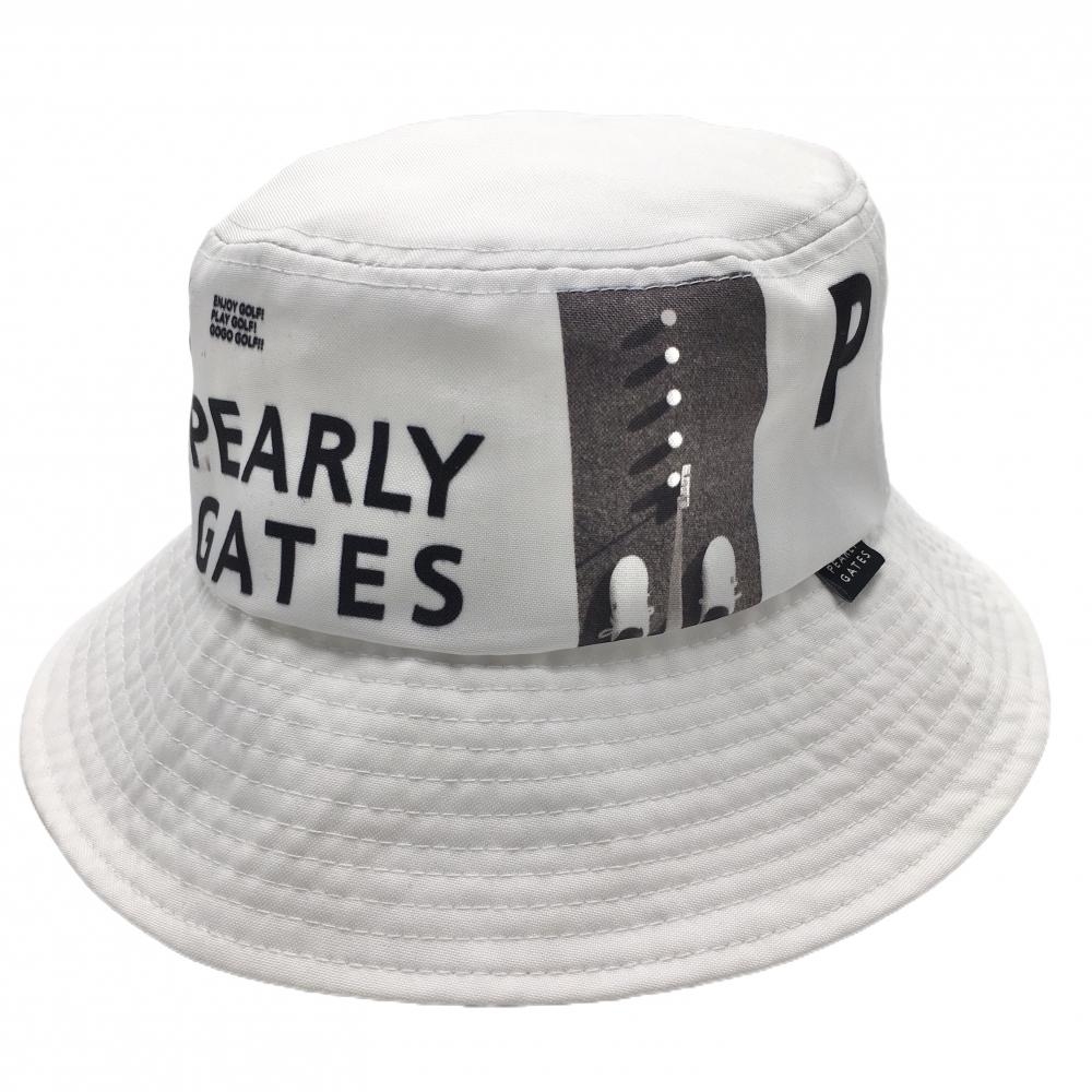 【美品】パーリーゲイツ バケットハット 白×グレー ロゴ フォトプリント  FR   ゴルフウェア PEARLY GATES