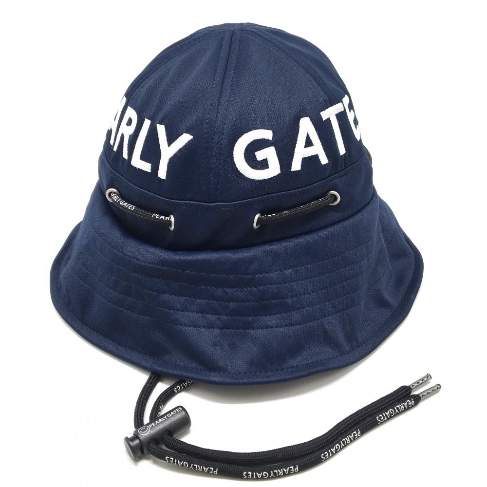 【超美品】パーリーゲイツ 後ろベルトハット ネイビー×白 ロゴ刺しゅう あご紐・汗取りパッド付 FR   ゴルフウェア PEARLY GATES