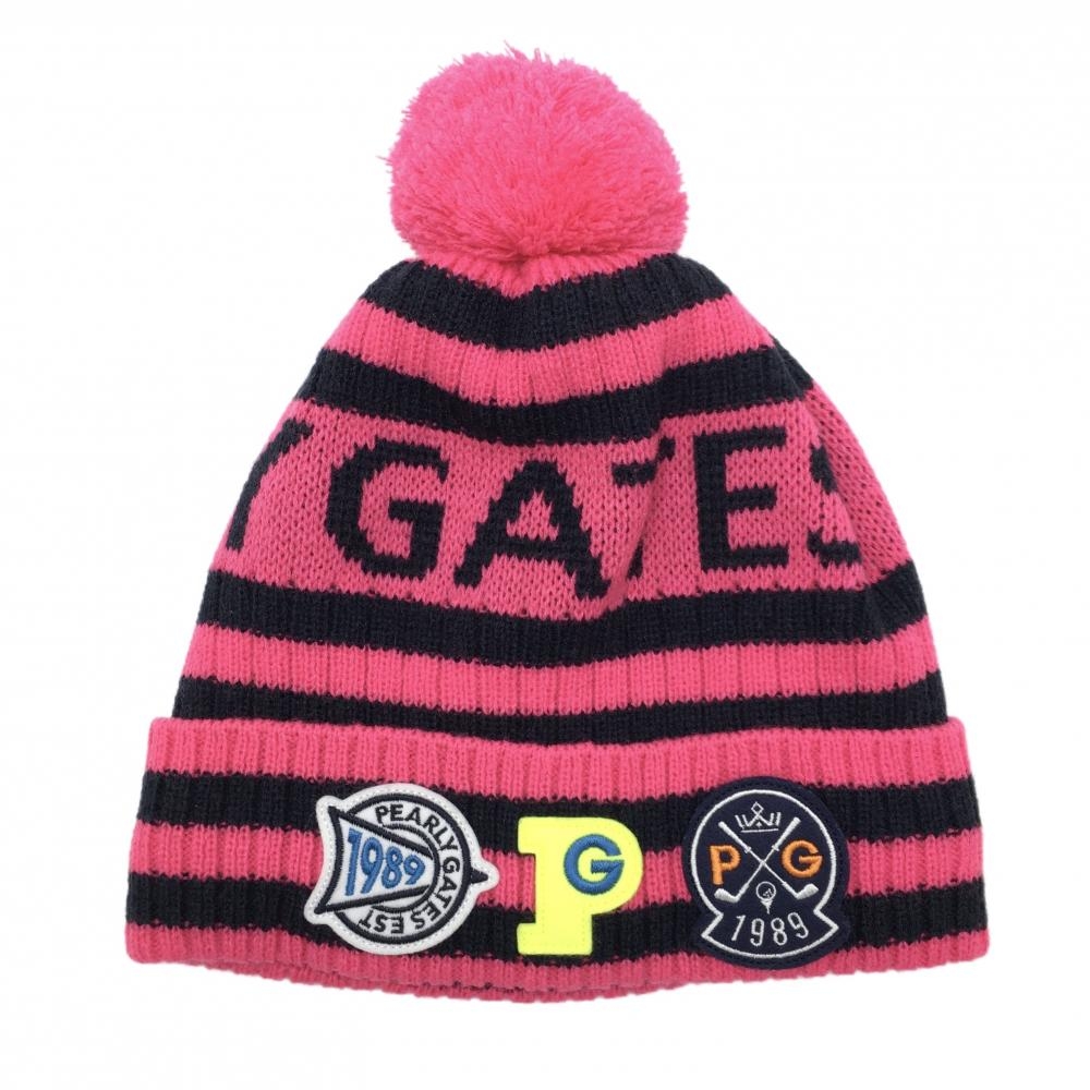 【美品】パーリーゲイツ ニット帽 ピンク×ネイビー ボーダー ボンボン付 ワッペン FR   ゴルフウェア PEARLY GATES