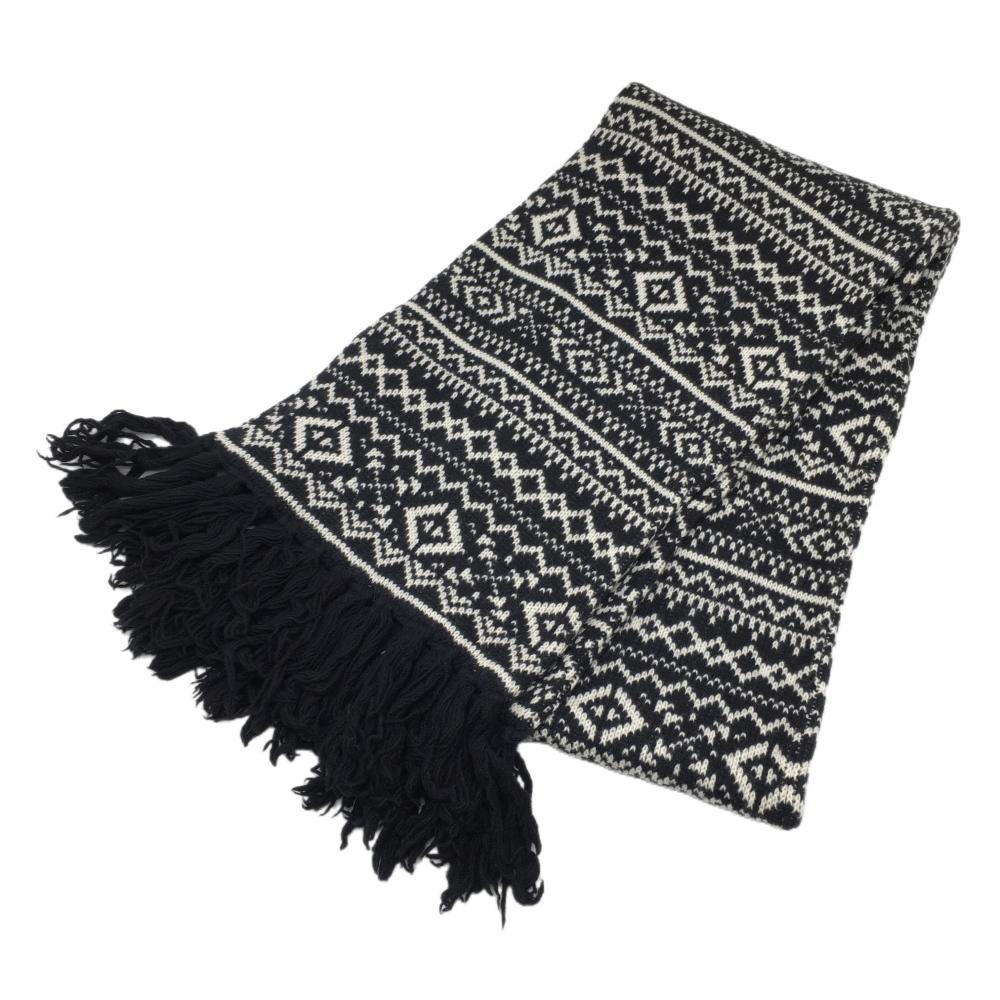 【美品】パーリーゲイツ マフラー 黒×白 総柄 羊毛混 FR  ゴルフウェア PEARLY GATES