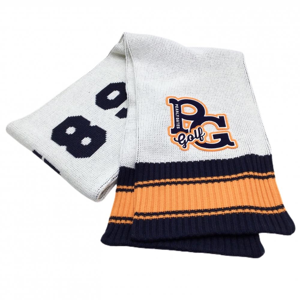 【美品】パーリーゲイツ マフラー 白×ネイビー×オレンジ ロング丈 ビッグワッペン FR   ゴルフウェア PEARLY GATES