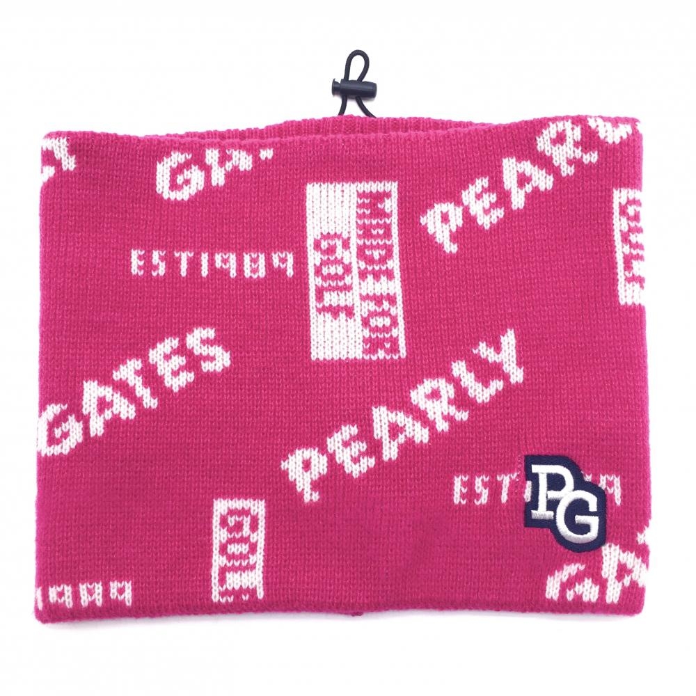 【超美品】パーリーゲイツ ネックウォーマー ピンク×白 ロゴ総柄 ニット ドローコード  FR   ゴルフウェア PEARLY GATES
