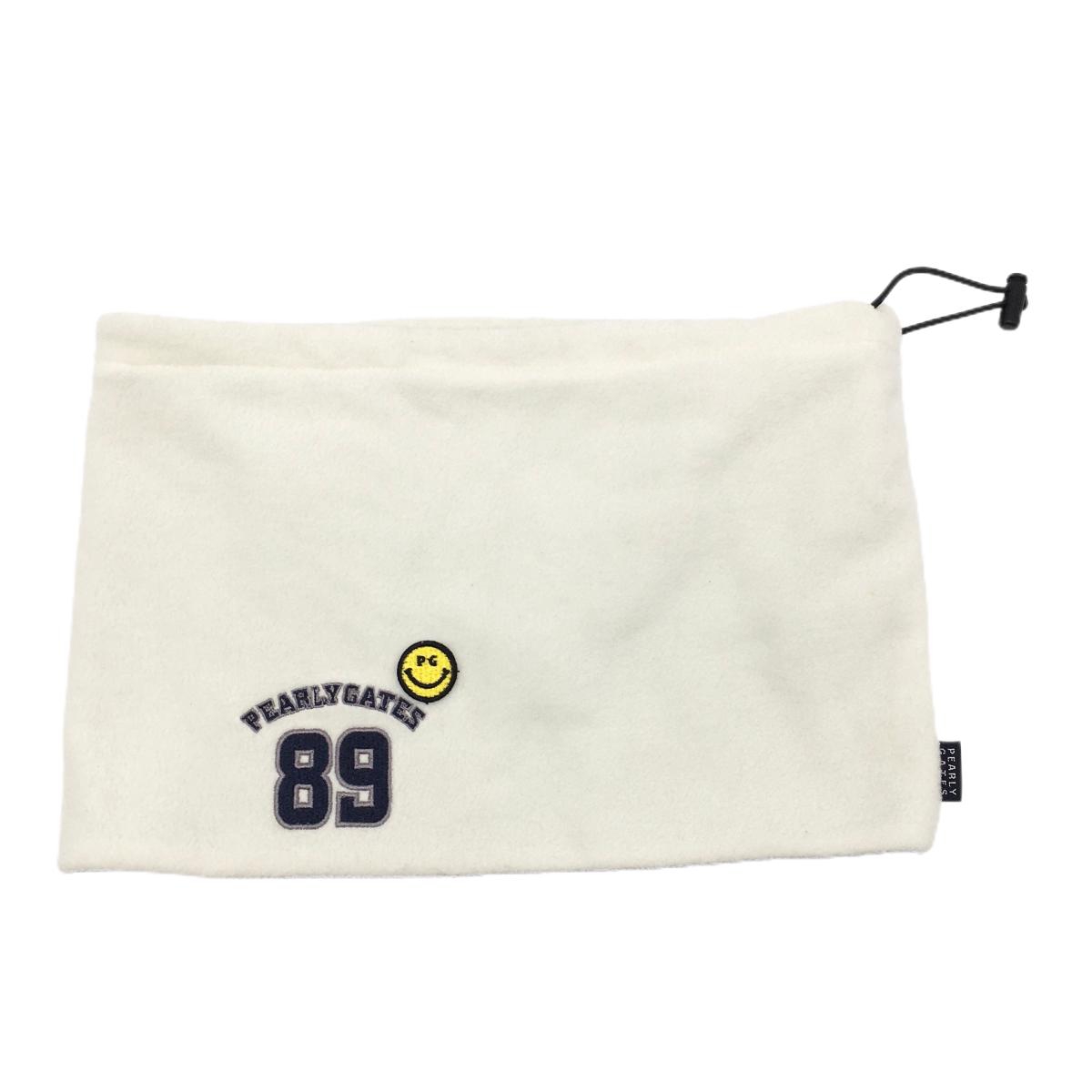 【美品】パーリーゲイツ ネックウォーマー 白×ネイビー フリース ドローコード ニコちゃん スマイル FR   ゴルフウェア PEARLY GATES