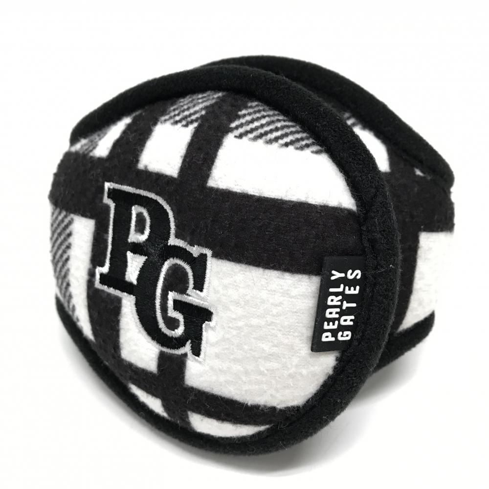 【超美品】パーリーゲイツ イヤーマフ 黒×白 チェック 耳当て ゴルフ PEARLY GATES