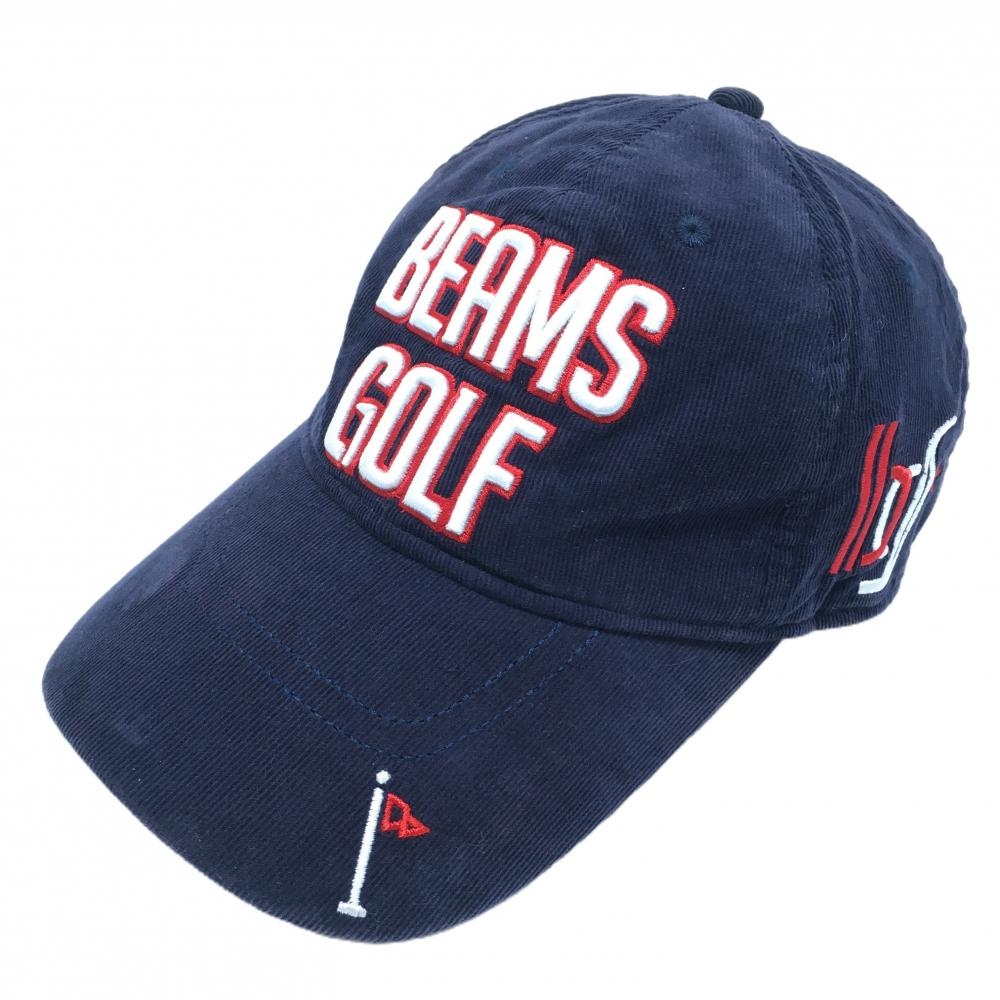 【美品】ビームスゴルフ キャップ ネイビー×白 コーデュロイ ロゴ刺しゅう S   ゴルフウェア BEAMS GOLF