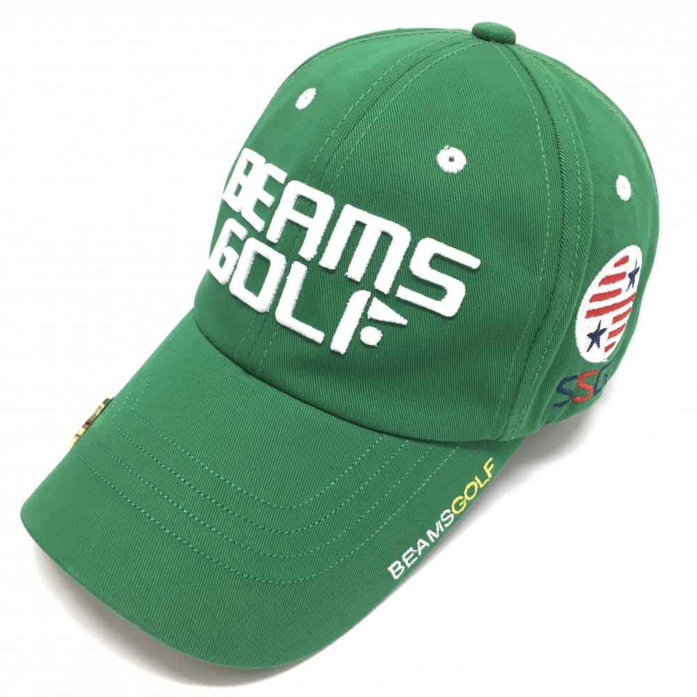 【美品】ビームスゴルフ キャップ グリーン×白 立体ロゴ刺しゅう マーカー付き 58cm～60cm   ゴルフウェア BEAMS GOLF