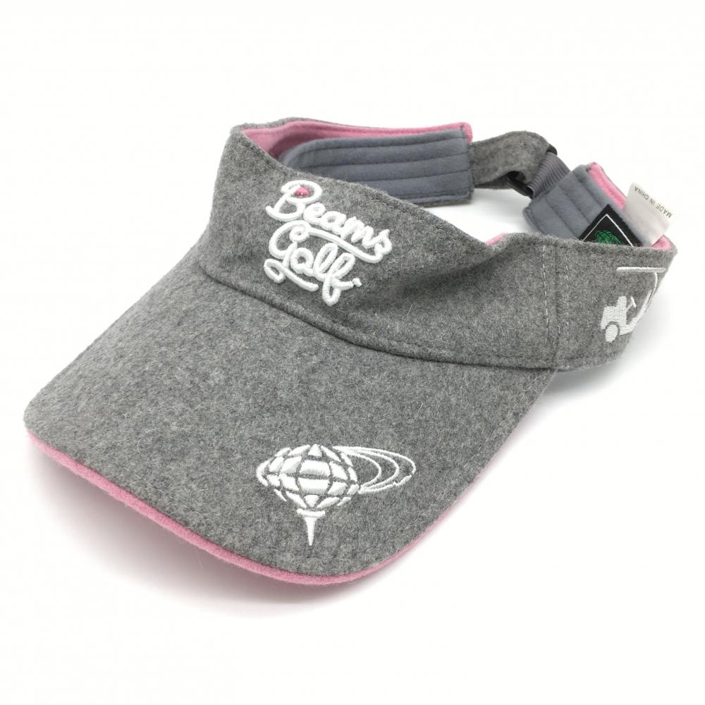 【美品】BEAMS GOLF ビームスゴルフ サンバイザー グレー×ピンク ウール混 汗取りパッド付き 立体ロゴ刺しゅう  ゴルフウェア