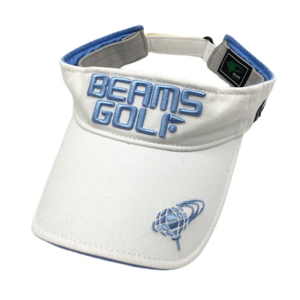 【美品】ビームスゴルフ サンバイザー 白×ライトブルー 立体ロゴ刺しゅう コットン100％ 56-58cm ゴルフウェア BEAMS GOLF